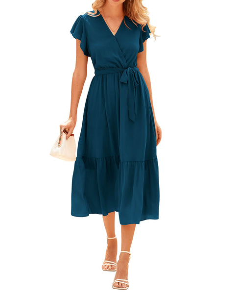 BTFBM Women Summer Bohemian Floral Casual Wrap V Neck Ruffle Cap Sleeveless Belt A-Line Pleated Hem Swing Midi Sun Dress (Solid Lake Blue, X-Large) BTFBM