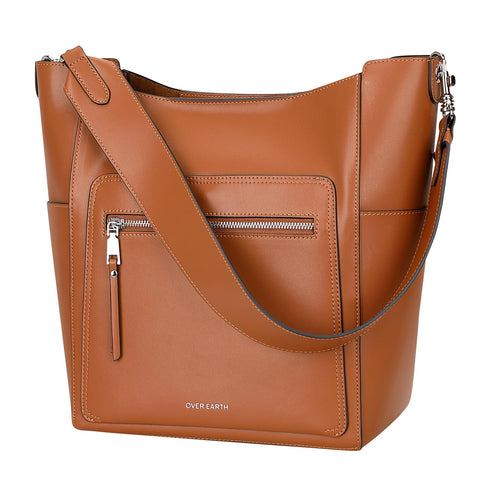 Over Earth Leather Bucket Bags for Women Shoulder Hobo Purse Ladies Tote Bag(O206E Brown) Over Earth