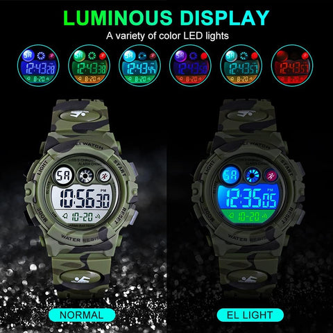 GOLDEN HOUR Watches for Kids Digital Sport Waterproof Boys Watch Outdoor 12/24 H Alarm EL Backlight Stopwatch Military Child Wristwatch Ages 3-15 (Camouflage Green)