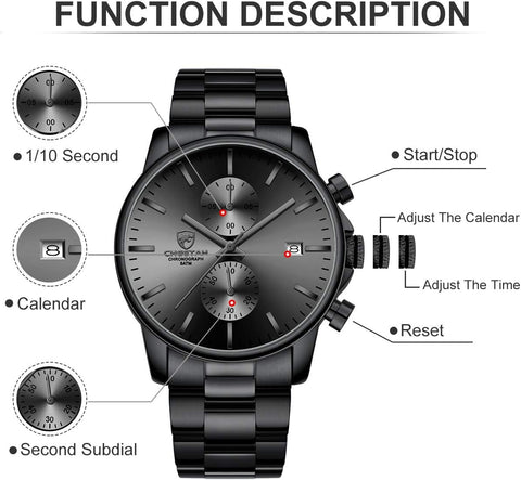 GOLDEN HOUR Men's Watches with Stainless Steel and Metal Casual Waterproof Chronograph Quartz Watch, Auto Date in Grey Hands