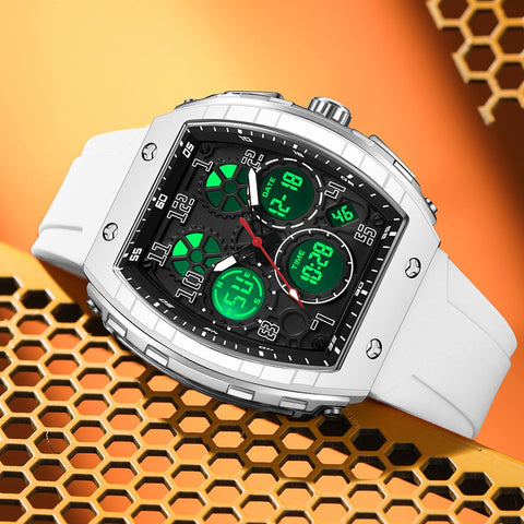 Watches for Men Unique Rectangle Relojes para Hombres White Wristwatch with Digital Analog Dual Time Display Countdown Stopwatch Punk Cool Design 5ATM Waterproof