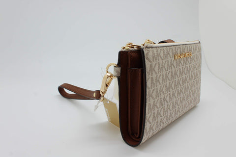Michael Kors Jet Set Travel Double Zip Wristlet - Signature PVC (Vanilla PVC/Dark Acorn) Michael Kors