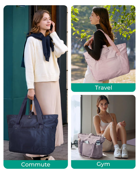 BAGSMART Tote Bag for Women, Foldable Tote Bag With Zipper Large Shoulder Bag Top Handle Handbag for Travel, Work-16.5''l X 6''wx 14''h