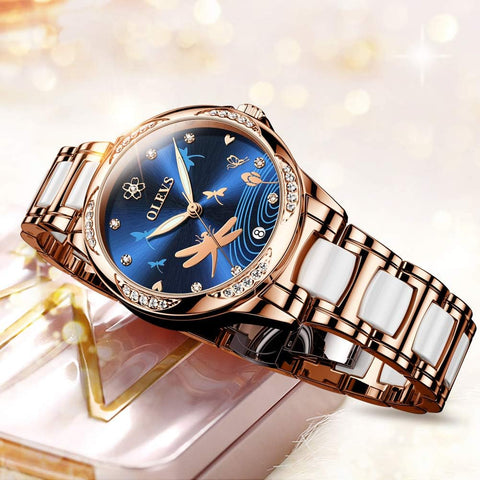 OLEVS Automatic Watches for Women Self Winding Mechanical Watch Rose Gold Diamond Stainless Steel Luminous Waterproof Dress Watch Blue Dial OLEVS