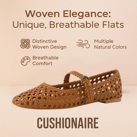 CUSHIONAIRE Weston Women’s Hand Woven Dressy Ballet Flats – Faux Leather Mary Jane with Adjustable Strap & Memory Foam, COGNAC 7