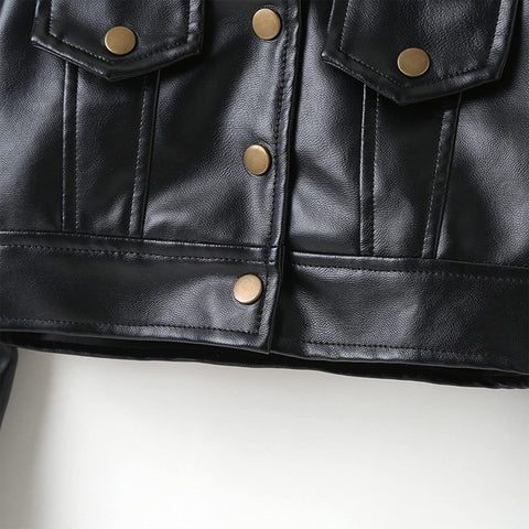 WASAIGOOD Toddler Girls Motorcycle Jackets PU Faux Leather Coat Turn-Down Collar Long Sleeve Crop Tops Outerwear Coats (black,6-7 years)
