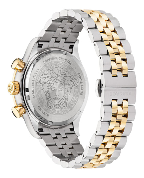 Versace Hellenyium Collection Luxury Mens Watch Timepiece with a Two Tone Bracelet Featuring a Two Tone Case and Silver Dial Versace