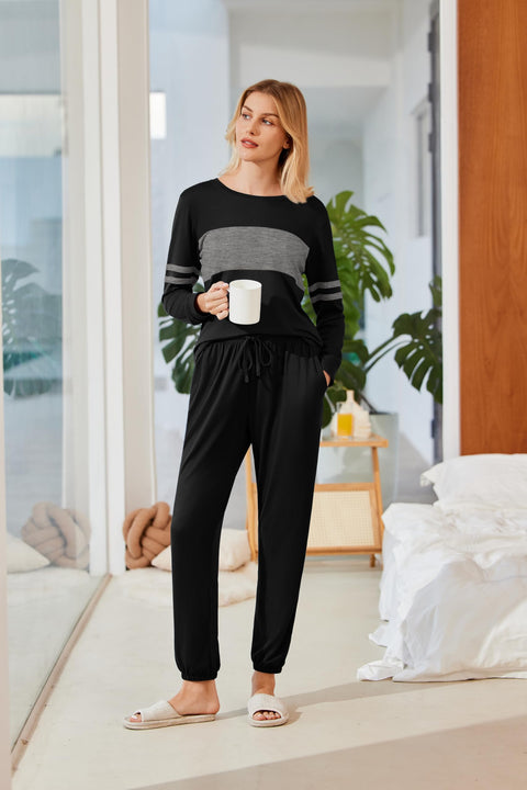 Ekouaer Womens Lounge Sets 2 Piece Outfits 2025 Long Sleeve Pajama Crewneck Sleepwear Sweatsuits with Pockets Black, Small