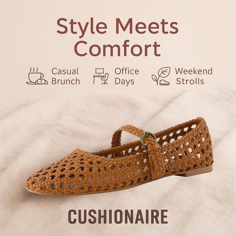CUSHIONAIRE Weston Women’s Hand Woven Dressy Ballet Flats – Faux Leather Mary Jane with Adjustable Strap & Memory Foam, COGNAC 7