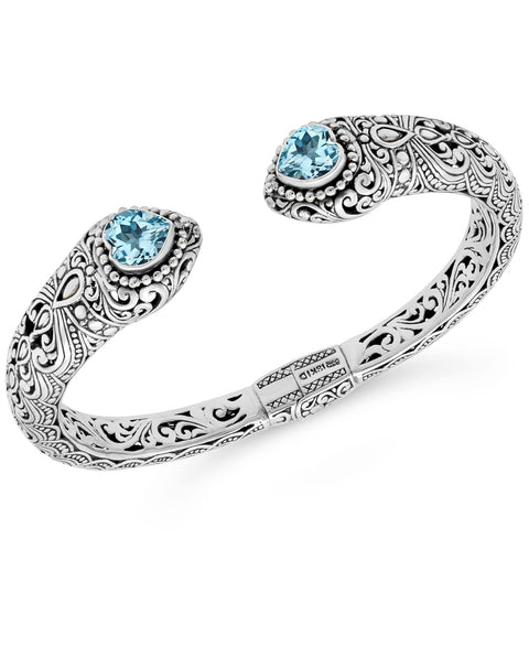 DEVATA Sterling Silver 925 with Blue Topaz Bali Filigree Cuff Bracelet DHK3215ASSBT (Size M) DEVATA
