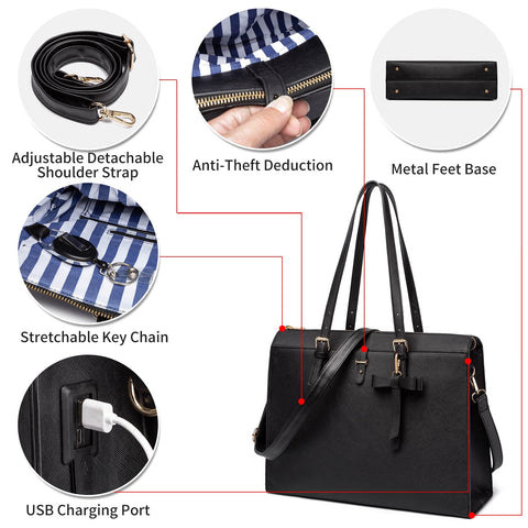 Keyli Laptop Tote Bag for Women Christmas Gifts Waterproof Leather Work Briefcase with Built-in USB Charging Port Computer Shoulder Bags Fits 15.6 Inch, Business Handbag Purse 4pcs Set Black Keyli