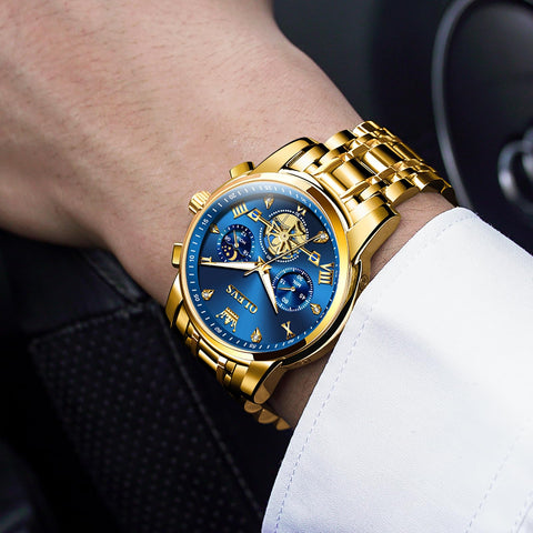 OLEVS Mens Gold Watches Dress Chronograph Watch Men Stainless Steel Diamond Multi-Function Men's Analog Watches Quartz Luxury Moon Phase Casual Blue Large Face Watch for Men Luminous Easy to Read
