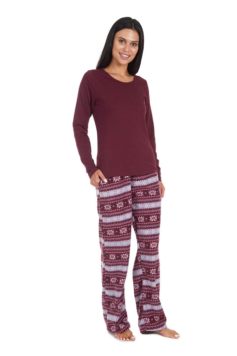 Cherokee Women's Pajama Set Soft Breathable Shirt and Pants, Medium, Wine Fairisle