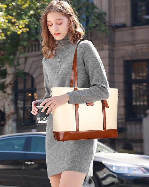Over Earth Leather Tote Bag for Women Large Leather Handbags Shoulder Work Purses(O187E Beige/Brown) Over Earth