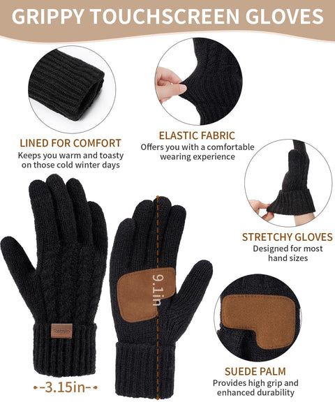Women Beanie Hat Scarf Gloves Set, 3 PCS Winter Warm Pom Pom Beanie Hat Skull Cap Long Knit Neck Scarf & Touchscreen Gloves Set for Cold Weather, Christmas Holiday Gifts for Mom Wife Friend Sister Her Remifa