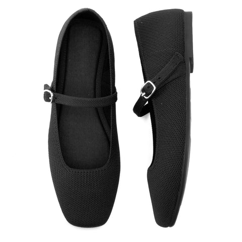 Soesyi Knit Flats for Women Square Toe Flats Casual Ballet Flats with Ankle Strap,Mary Jane Shoes Women Comfortable for Dressy Office,Size 08，Black