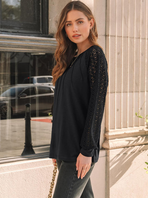 AUTOMET Womens Long Sleeve Shirts Lace Tops Business Casual Blouses 2025 Fall Fashion Teacher Outfits Trendy Clothes Knit T Y2k Ladies Dressy Work Professional Clothing Black L