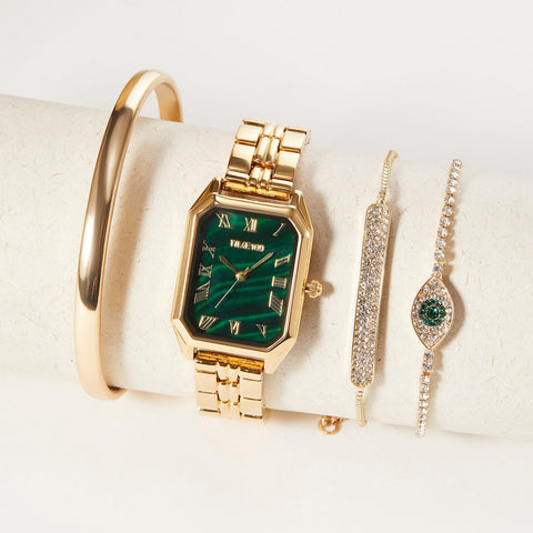 TIME100 Women's Rectangle Bracelet Watch Set Premium Crystal Accented Bangle Watch Golden W50889L TIME100
