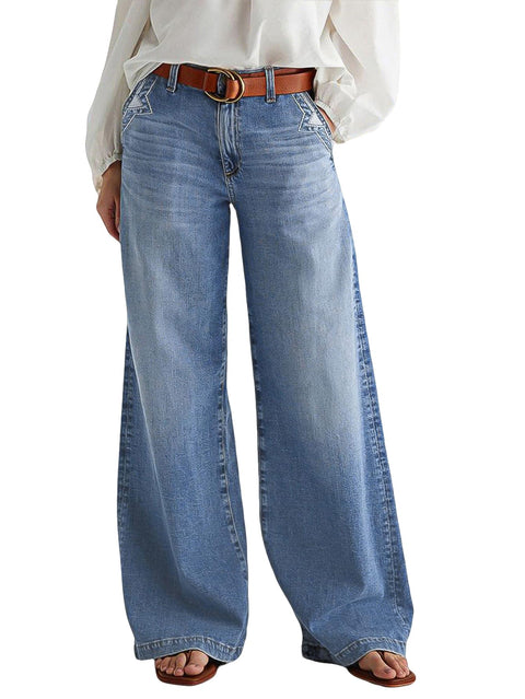 Flamingals Wide Leg Jeans for Women Mid Waist Baggy Stitch Decor Denim Washed Pants Without Belt Mid Blue L