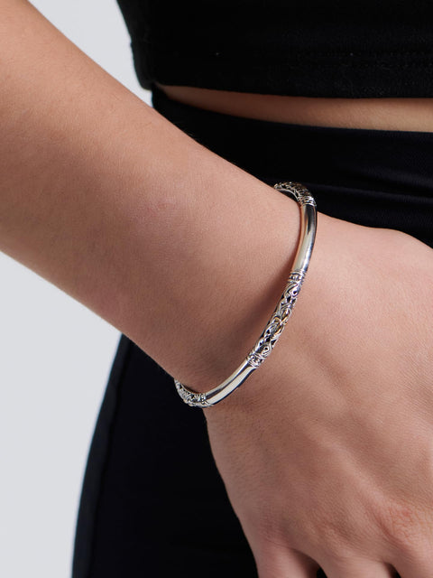 DEVATA Sterling Silver 925 with 18K Gold Accents Bali Accent Slide-on Bangle Bracelet DHK3526ATT (Size Medium) DEVATA