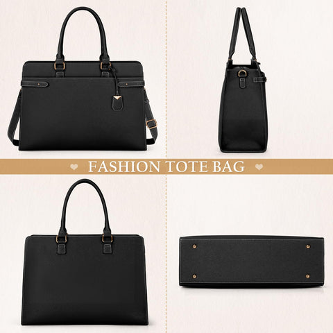 Laptop Bag for Women 15.6 Inch Leather Tote Bag Professional Work Bag Waterproof Computer Briefcase Business Office Bag Large Capacity Handbag Shoulder Bag, Black IGOLUMON