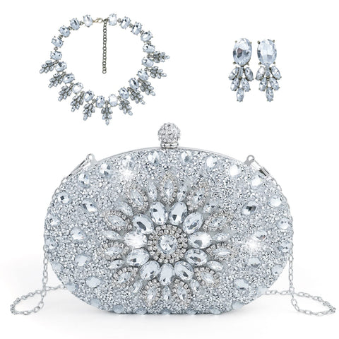 LADIHAB Crystal Clutch Purse Jeweled Purses Rhinestone Clutch for Women Bling Glitter Diamond Bag Purse Evening Bag For Party (Round Silver) LADIHAB