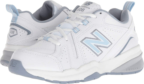 New Balance Women's 608 V5 Casual Comfort Cross Trainer, White/Light Blue, 8