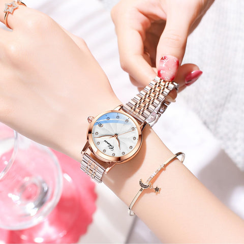 Verhux Elegant Automatic Skeleton Ladies Watches Two Tone Rose Gold and Silver Stainless Steel Waterproof Luminos Womens Wrist Watches