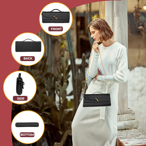 XINGFENGSU Woven Evening Bag Clutch Purses For Women, Woven Leather Crossbody Bag Purse For Women With Gold Chain. (Black) XINGFENGSU