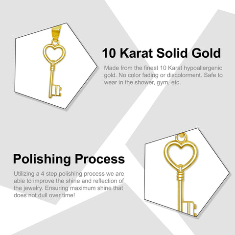 Gold Key Charm Pendant - 10 Karat Gold - Key Design Jewelry - Valentines Day Pendant (Style 1)