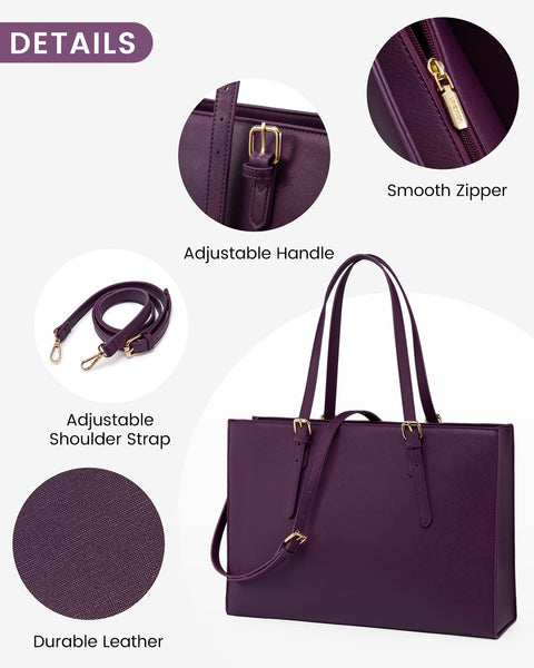 LOVEVOOK 15.6 Inch Laptop Bag for women, Large Waterproof PU Leather Work Briefcase with USB Charging Port Casual Computer Shoulder Messenger Fashion Business Office Tote Handbag Purse, Purple LOVEVOOK