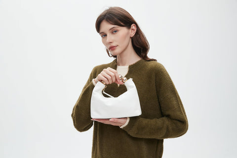 DORIS&JACKY Small Top Handle Clutch Bag Women Designer Goatskin Crossbody Purse With Pearl Handle And Detachable Metal Chain (White) DORIS&JACKY