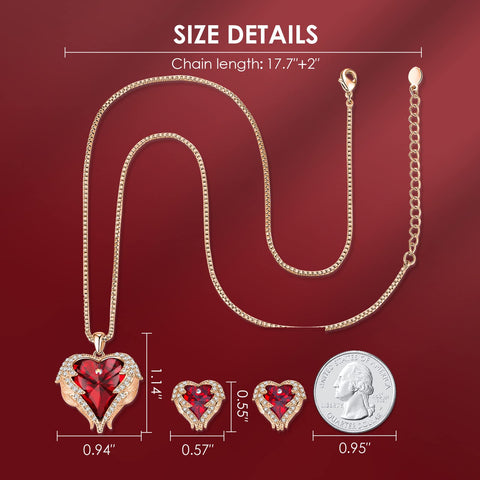 CDE Angle Wing Heart Necklaces and Earrings Valentine Mother's Day Jewelry Gifts for Women Mom Gold Plated Jewelry Set for Wife Girlfriend Stepmom(R_Rose Gold Plated | red) CDE