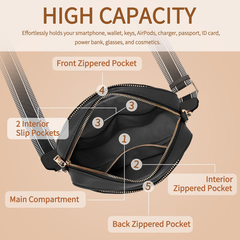 FYY Small Crossbody Bags for Women Quilted Vegan Leather Crossbody Purses for Women Travel with Adjustable Shoulder Strap Black