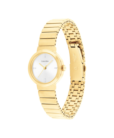 Calvin Klein Unisex Precise Watch, 3 Hand, Gold Plated Bracelet, Mini Case Size, Adorned with Crystal, Modern Design for Everyday Wear, (Model:25200416) Calvin Klein