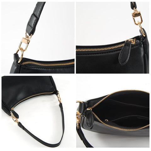 Small Cresent Shoulder Bags Crossbody Purses for Women Vegan Leather Handbag Clutch Hobo Purse (Black)