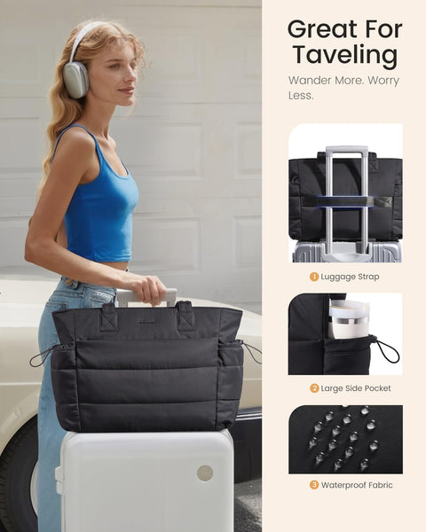 LOVEVOOK Tote Bag for Women with Giant Tumbler Holder Pocket, Puffer Work Travel Handbag with Zipper for Nurse Teacher, Quilted Cute Laptop Shoulder Purse with Compartments for Office Gym, Black