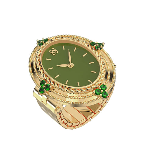 PASCAL Women's Diamond Watch Ring with Two-Hand Analog Display and Stainless Steel Expansion Band (Green) PASCAL