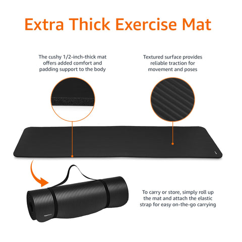 Amazon Basics 1/2 Inch Extra Thick Exercise Yoga Mat with Carrying Strap, Cushioned Support, for Fitness and Gym Workouts, Black Amazon Basics