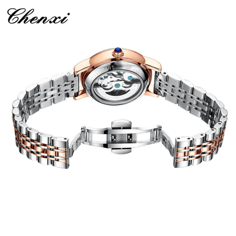 Verhux Elegant Automatic Skeleton Ladies Watches Two Tone Rose Gold and Silver Stainless Steel Waterproof Luminos Womens Wrist Watches