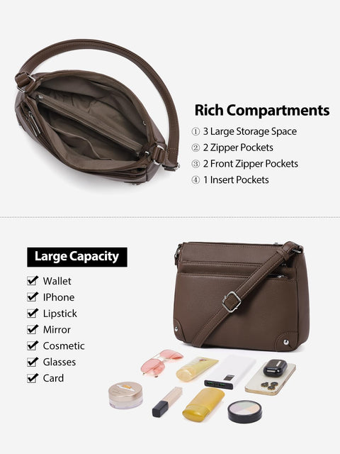 WESTBRONCO Crossbody Bags for Women, Medium Size Shoulder Handbags, Satchel Purse with Multi Zipper Pocket Coffee