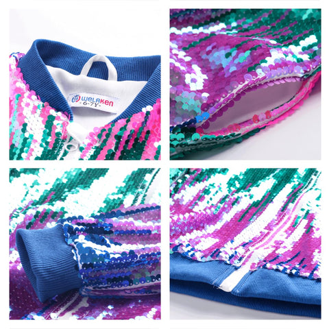 Ombre Sequin Bomber Jacket for Girls II Kid & Toddler Lightweight Sparkle Long Sleeve Zipper Gradient Jackets with Pockets