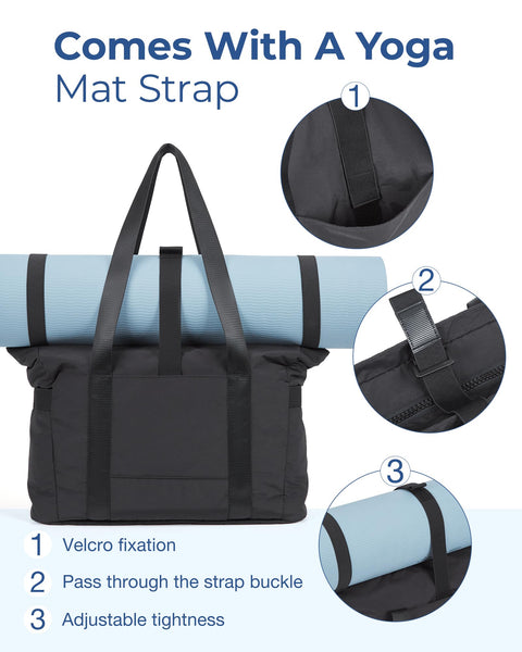 BAGSMART Tote Bag for Women, Lightweight Large Tote Bag with Compartments and Yoga Mat Strap, Quilted Shoulder Bag Handbag for Travel, Work, Gym, Black BAGSMART