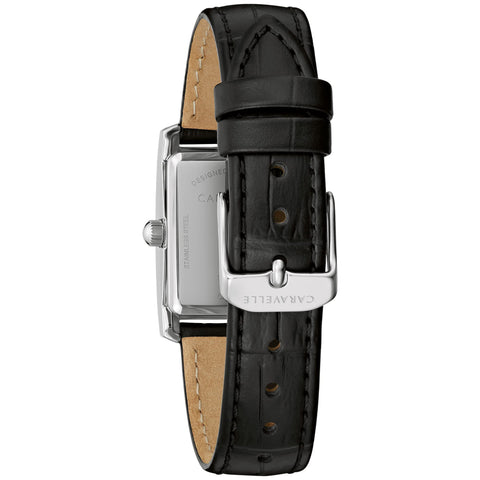 Caravelle by Bulova Ladies' Classic Crystal 3-Hand Quartz Watch, Roman Numeral Markers, Rectangle Case, Curved Mineral Crystal, Black Leather Strap/Stainless Caravelle