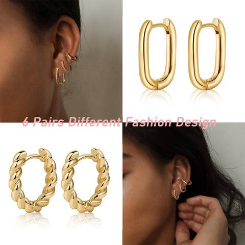MIDEEO Gold/Silver Chunky Hoop Earrings Set for Women, 14K Gold Plated Twisted Huggie Hoop Earring Hypoallergenic Thick Open Lightweight Chunky Hoop Earrings Jewelry for Gifts