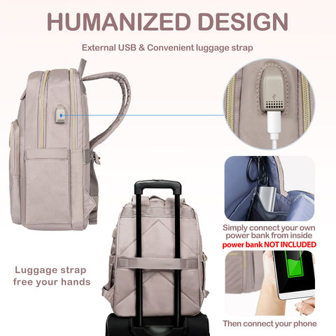 VANKEAN 15.6 Inch Laptop Backpack for Women Work Bag Fashion with USB Port, Waterproof Stylish Travel Bags Casual Daypacks for College, Business, Light Dusty Pink VANKEAN
