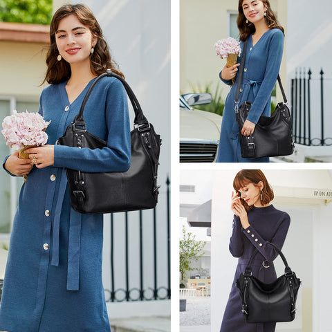 Over Earth Genuine Leather Handbags for Women Hobo Shoulder Bag Ladies Leather Tote Bag(O172E Black) Over Earth