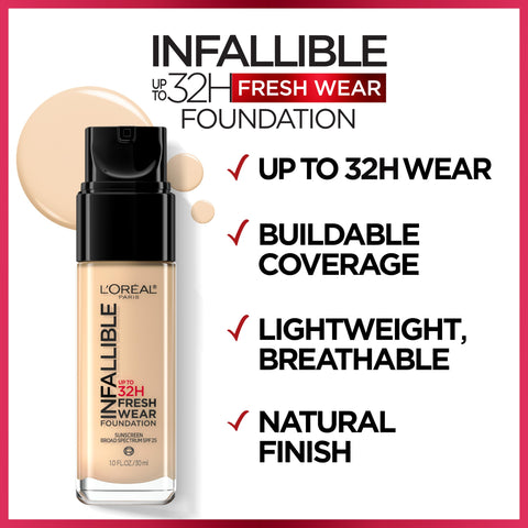 L'Oreal Paris Makeup Infallible Up to 32 Hour Fresh Wear Lightweight Foundation, 405 Porcelain, 1 Fl Oz, Packaging May Vary