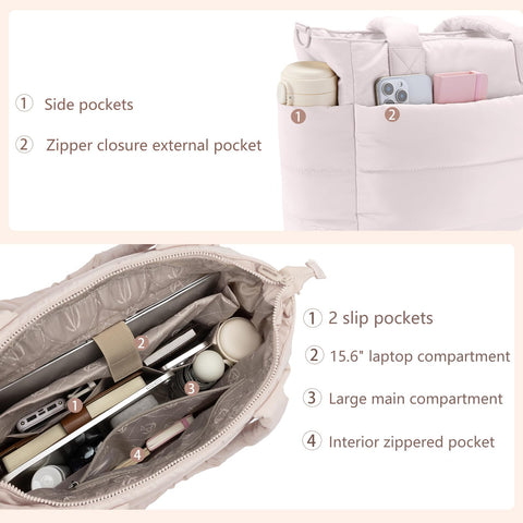 Tote Bag for Women Puffer Tote Bag Large Quilted Nurse Bag with Zipper for Work Travel (Beige)