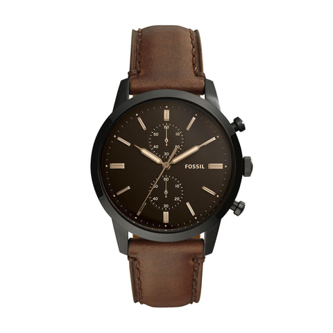 Fossil Men's Townsman Quartz Stainless Steel and Leather Chronograph Watch, Color: Black, Dark Brown (Model: FS5437) Fossil